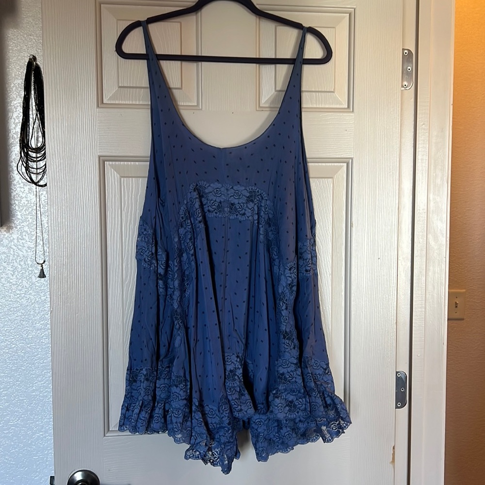 Free People Voile and Lace Trapeze slip dress OS blue and black